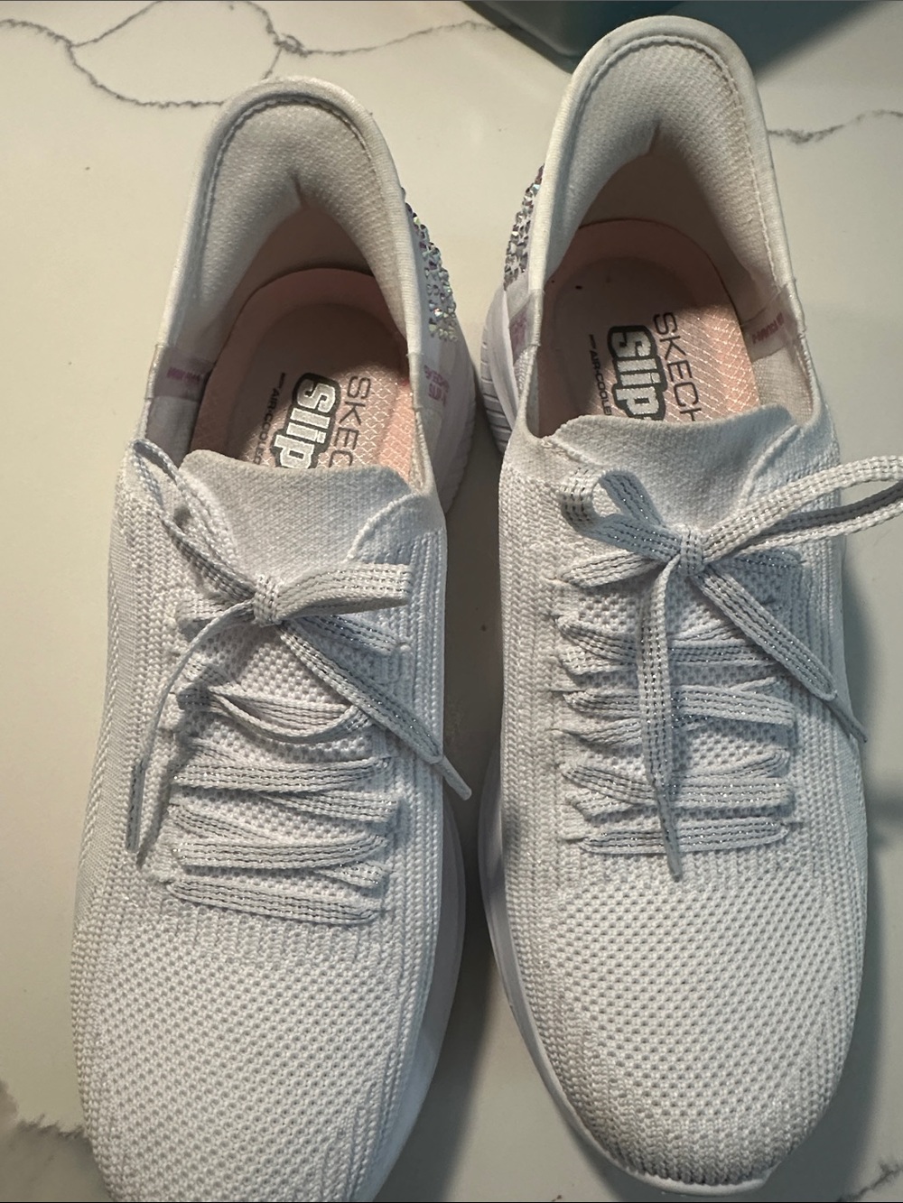 Skechers White Knit Lace-Up Slip-On Sneakers